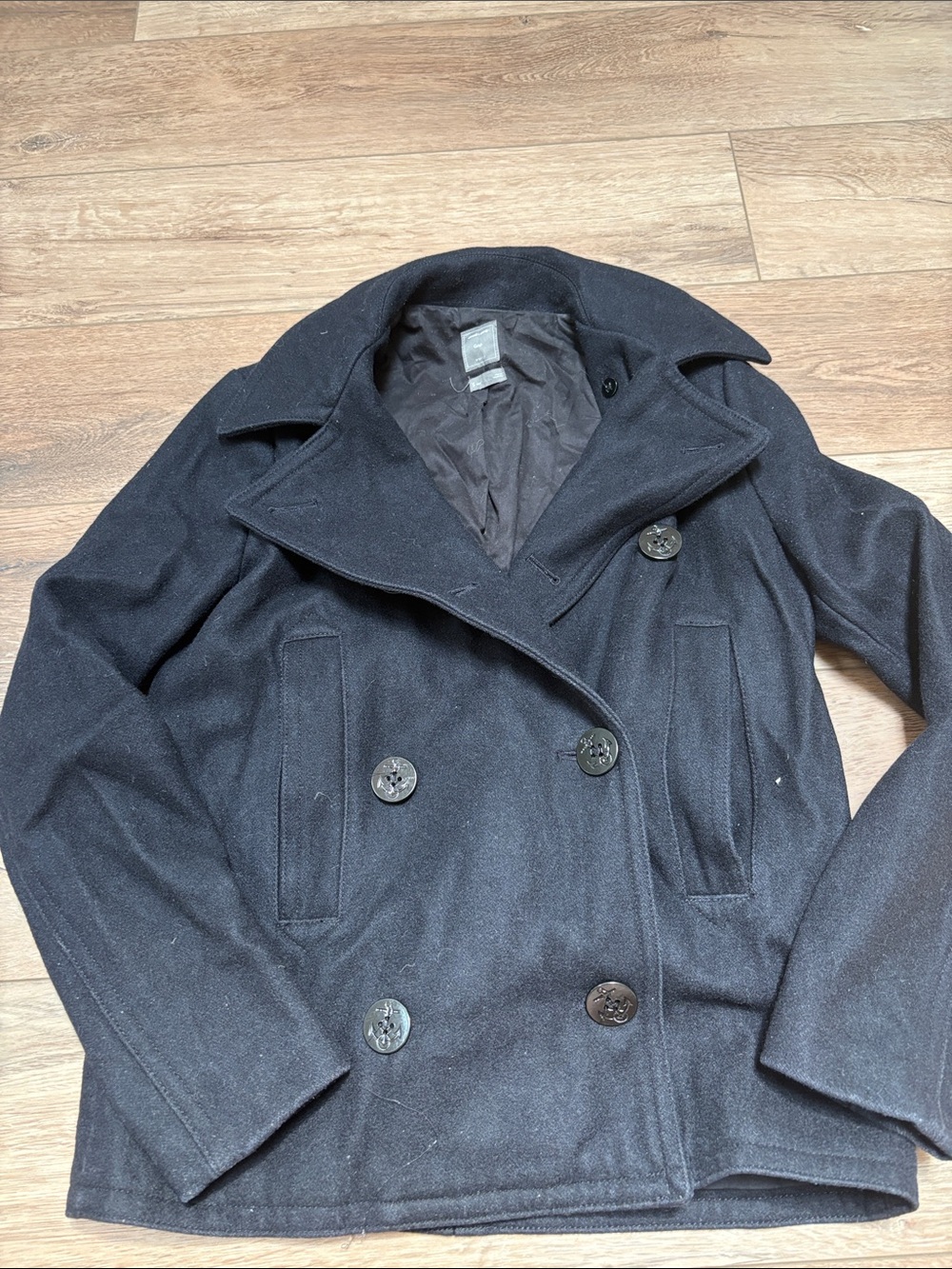 GAP Black Navy Double Breasted Wool Blend Pea Coat Y2K Classic Preppy Tall